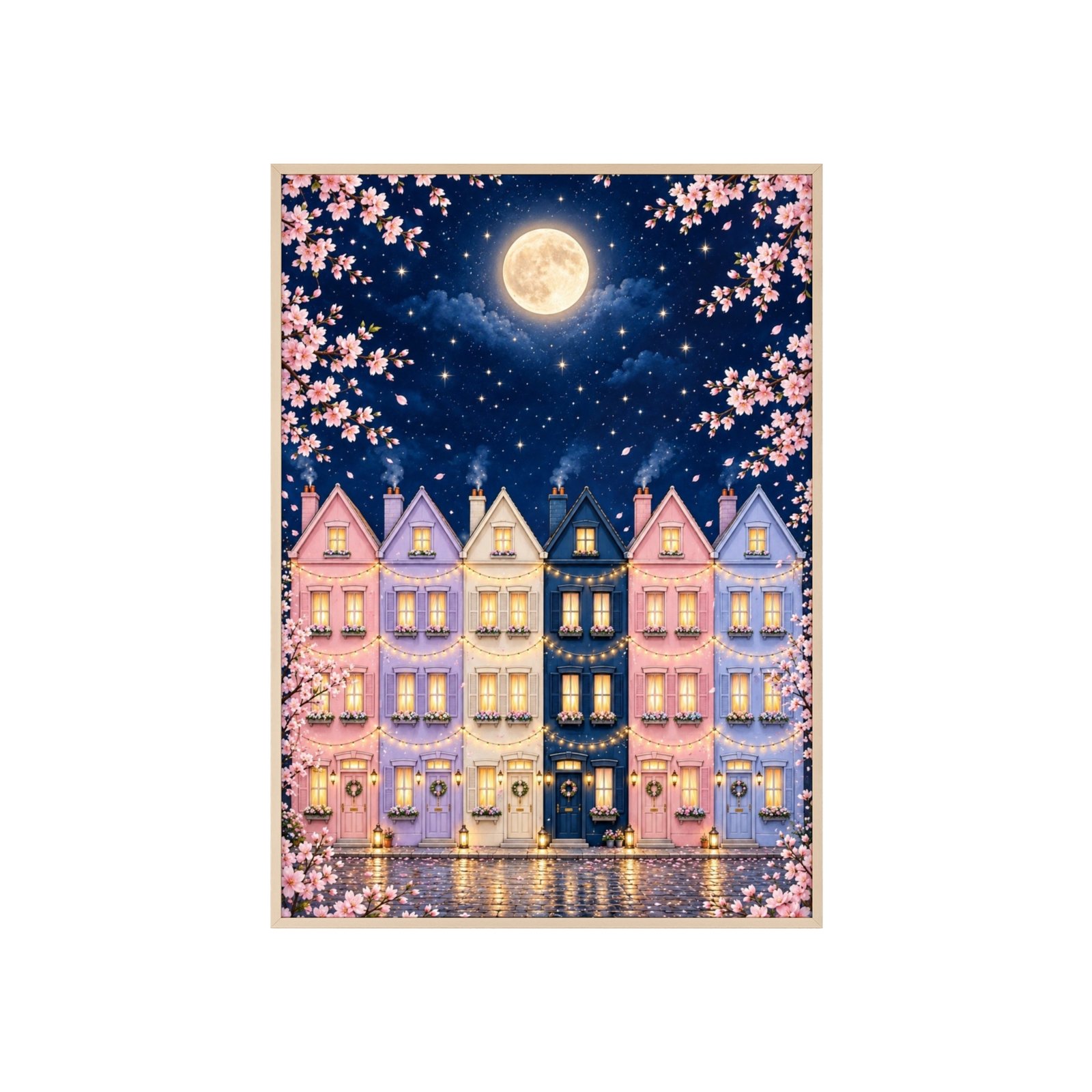 Moonlit Row Houses Poster with Wooden Frame — Cherry Blossom Night Wall Art - Image 1