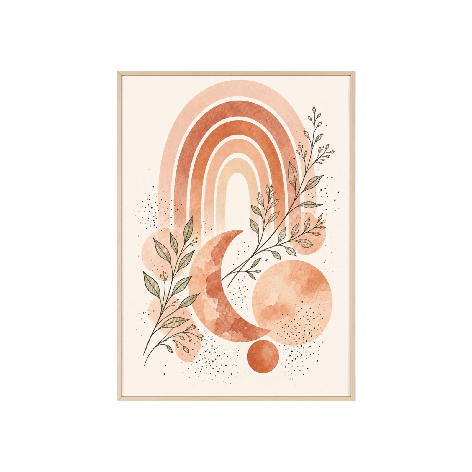 Boho Rainbow Moon Poster with Wooden Frame — Earthy Terracotta Wall Art - Image 1