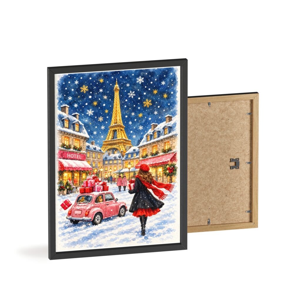 Paris Winter Holiday Poster with Wooden Frame — Eiffel Tower Christmas Street Scene