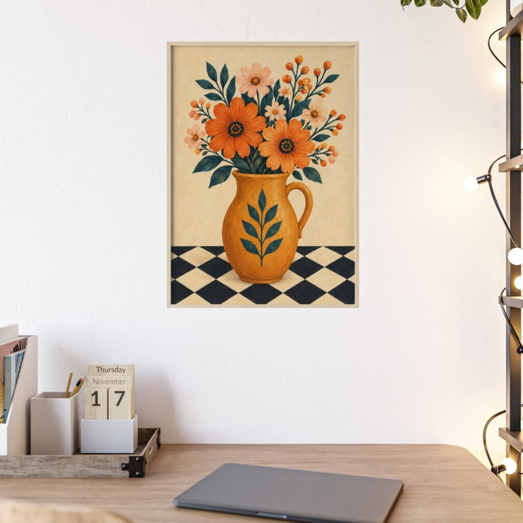 Rustic Sunflower Vase Poster with Wooden Frame — Cottagecore Floral Wall Art