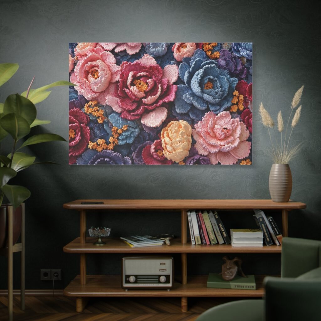 Floral Embroidery Canvas Print — Stretched Matte Wall Art