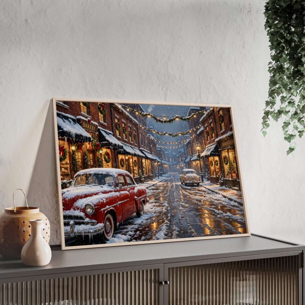 Vintage Christmas Street Poster with Wooden Frame — Snowy Holiday Wall Art