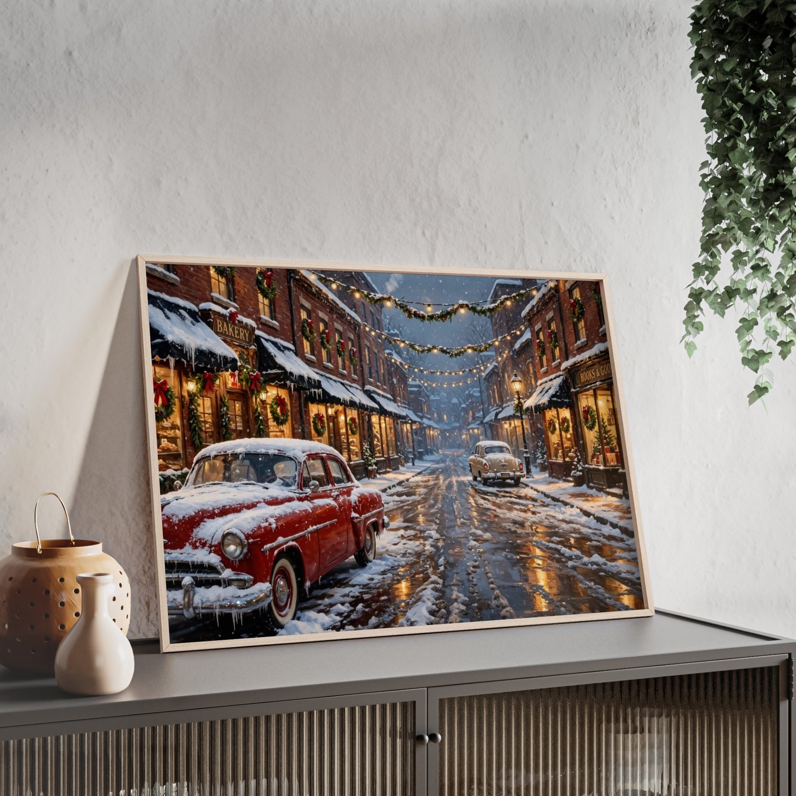 Vintage Christmas Street Poster with Wooden Frame — Snowy Holiday Wall Art - Image 3