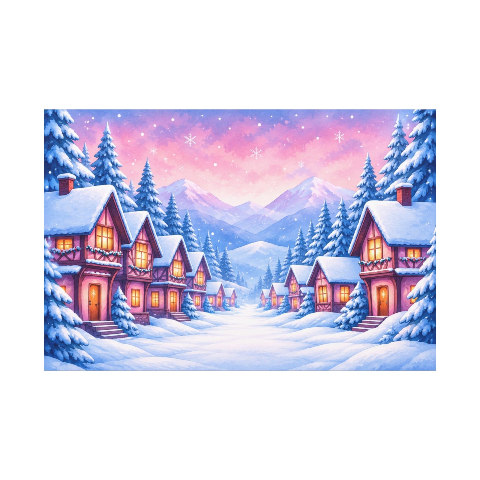 Winter Village Canvas Wall Art — Cozy Snowy Cabin Landscape Matte Stretched Print - Image 1