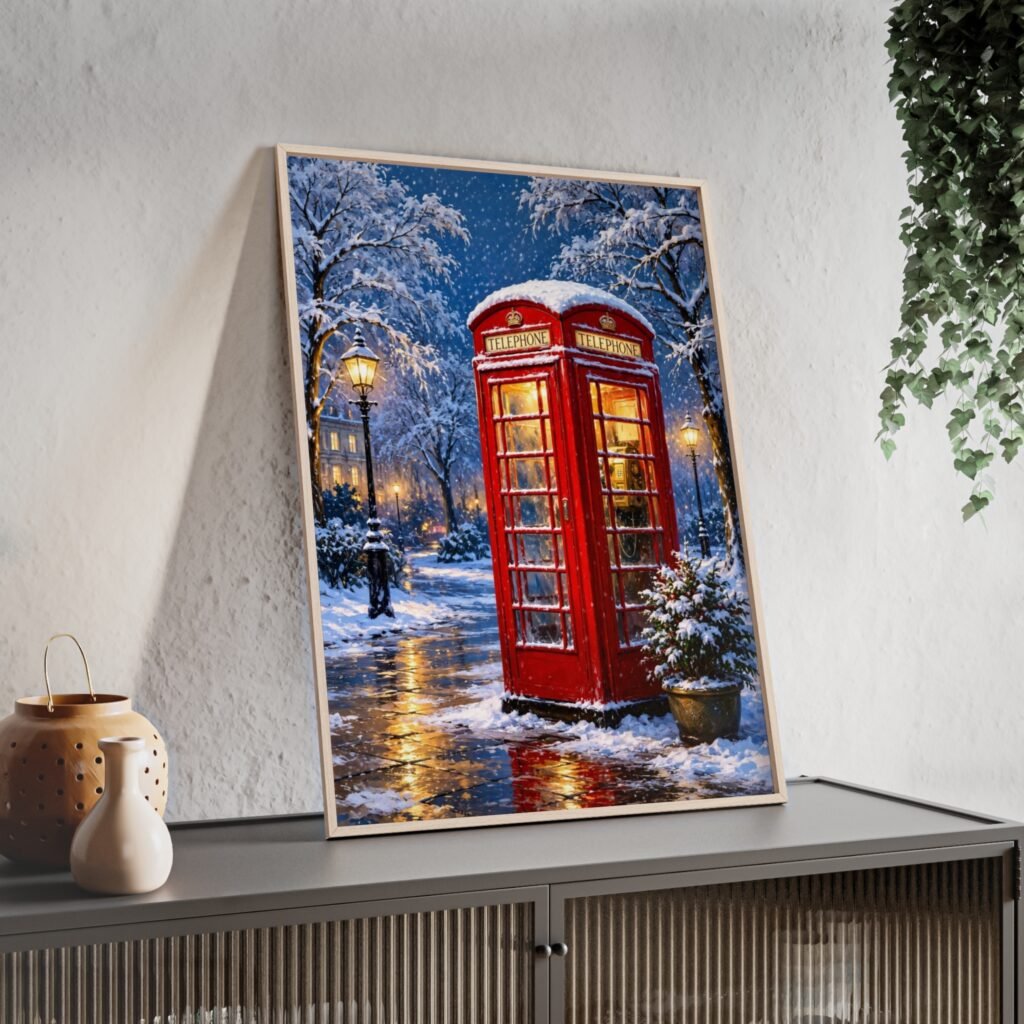 Framed Winter London Phone Booth Poster — Snowy Street Holiday Wall Art