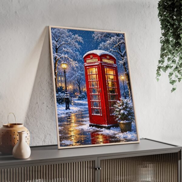 Framed Winter London Phone Booth Poster — Snowy Street Holiday Wall Art - Image 3