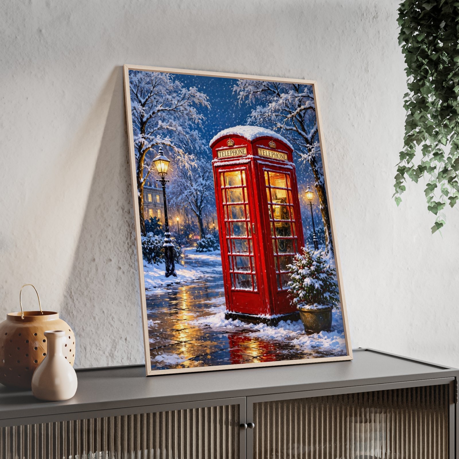 Framed Winter London Phone Booth Poster — Snowy Street Holiday Wall Art - Image 3