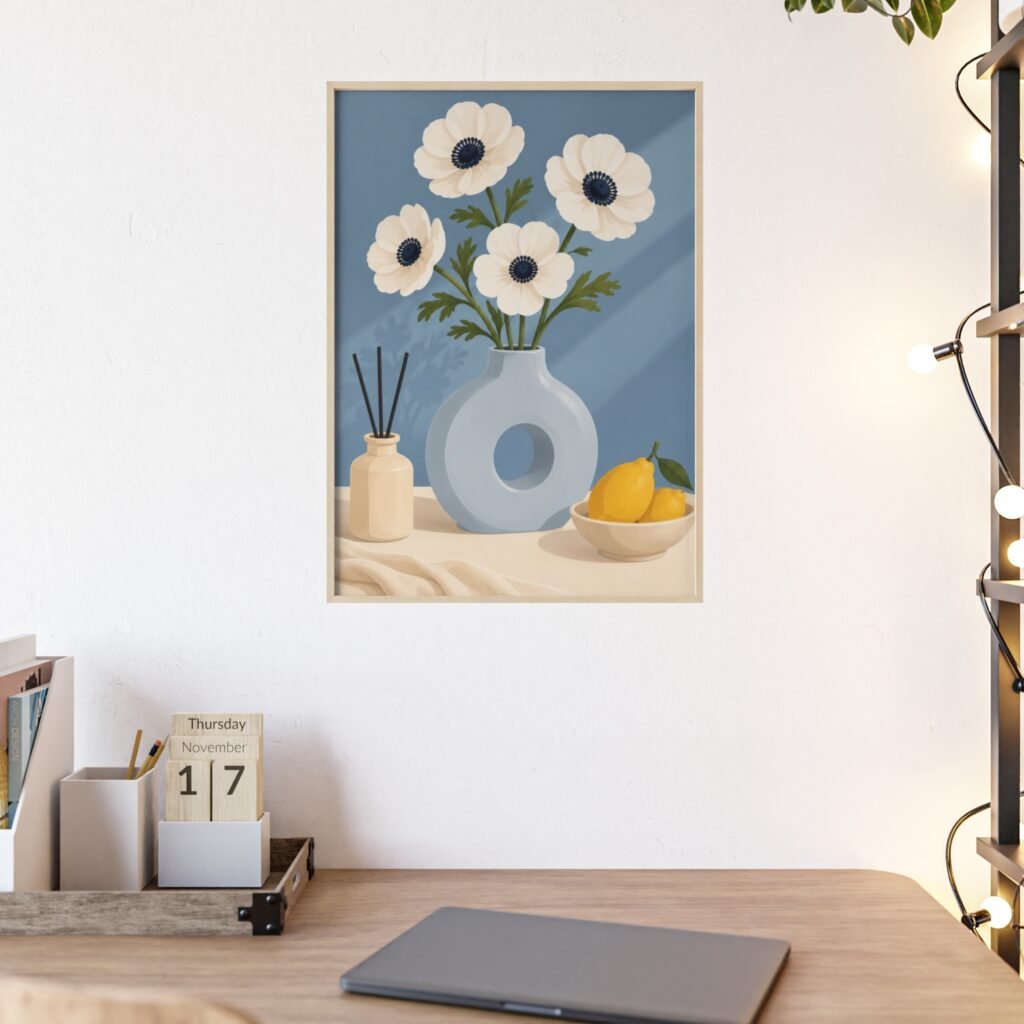 Framed Botanical Poster — White Anemone Vase Wall Art (Wooden Frame)