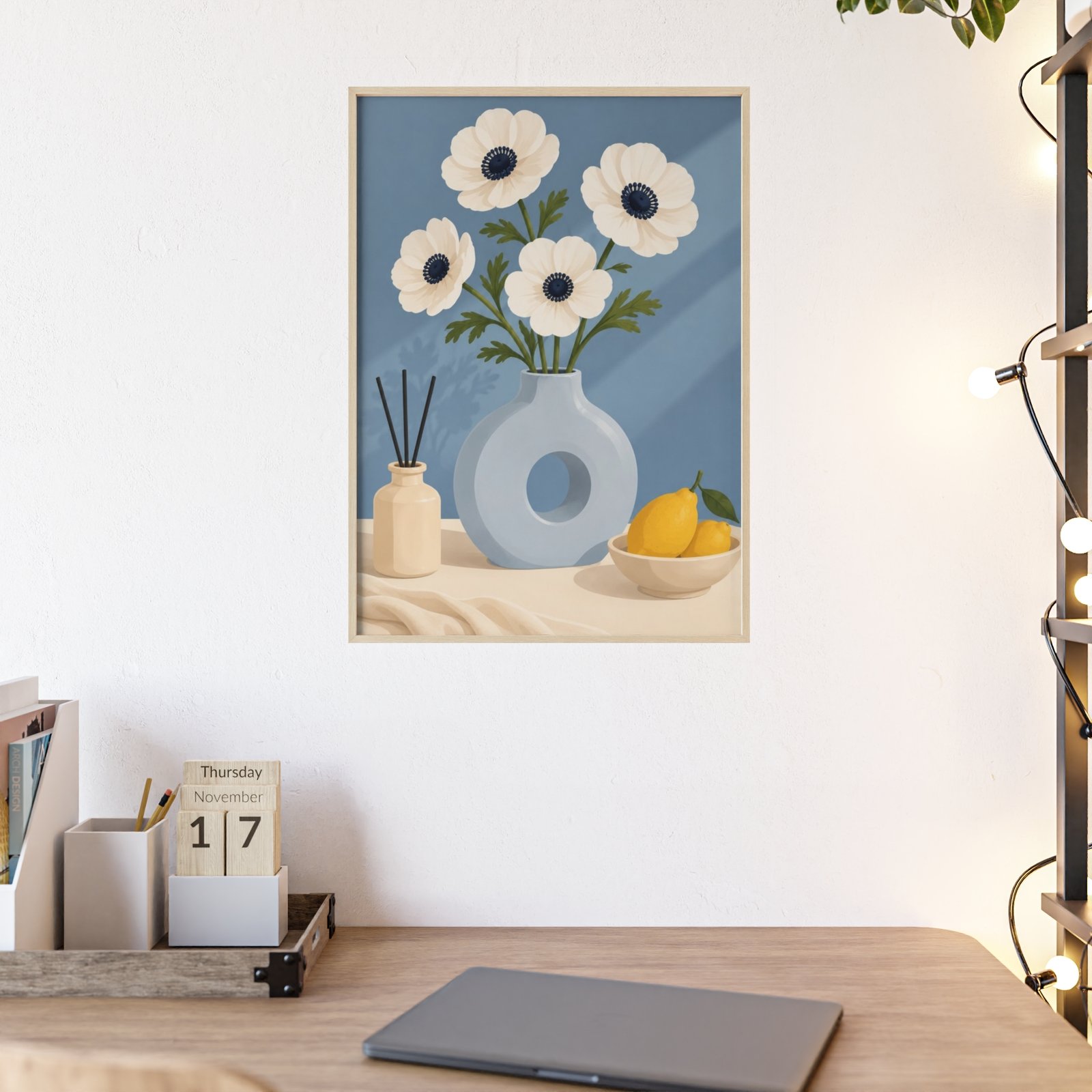 Framed Botanical Poster — White Anemone Vase Wall Art (Wooden Frame) - Image 3