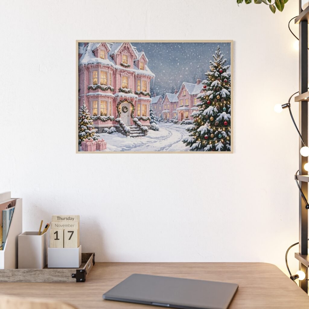 Christmas Winter Village Poster with Wooden Frame