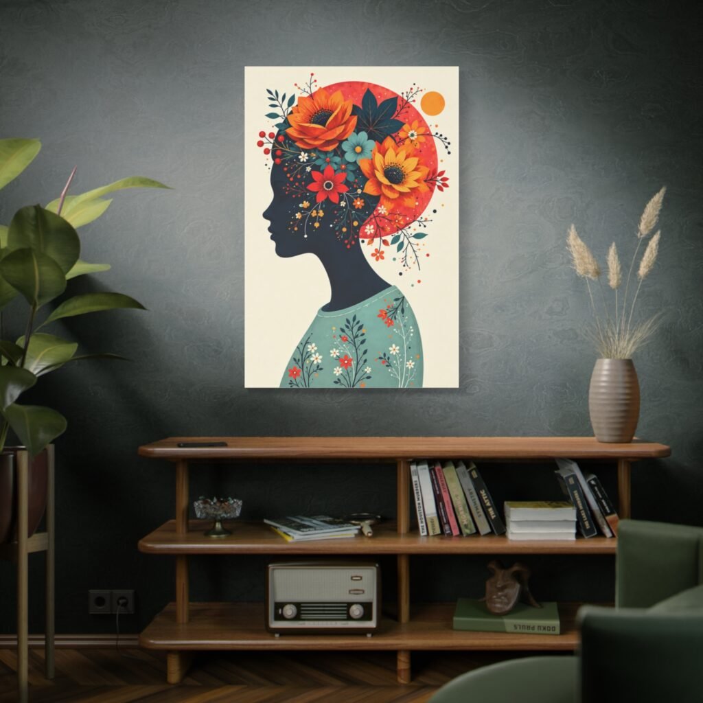 Floral Silhouette Canvas Wall Art — Woman Profile with Sunflower Crown