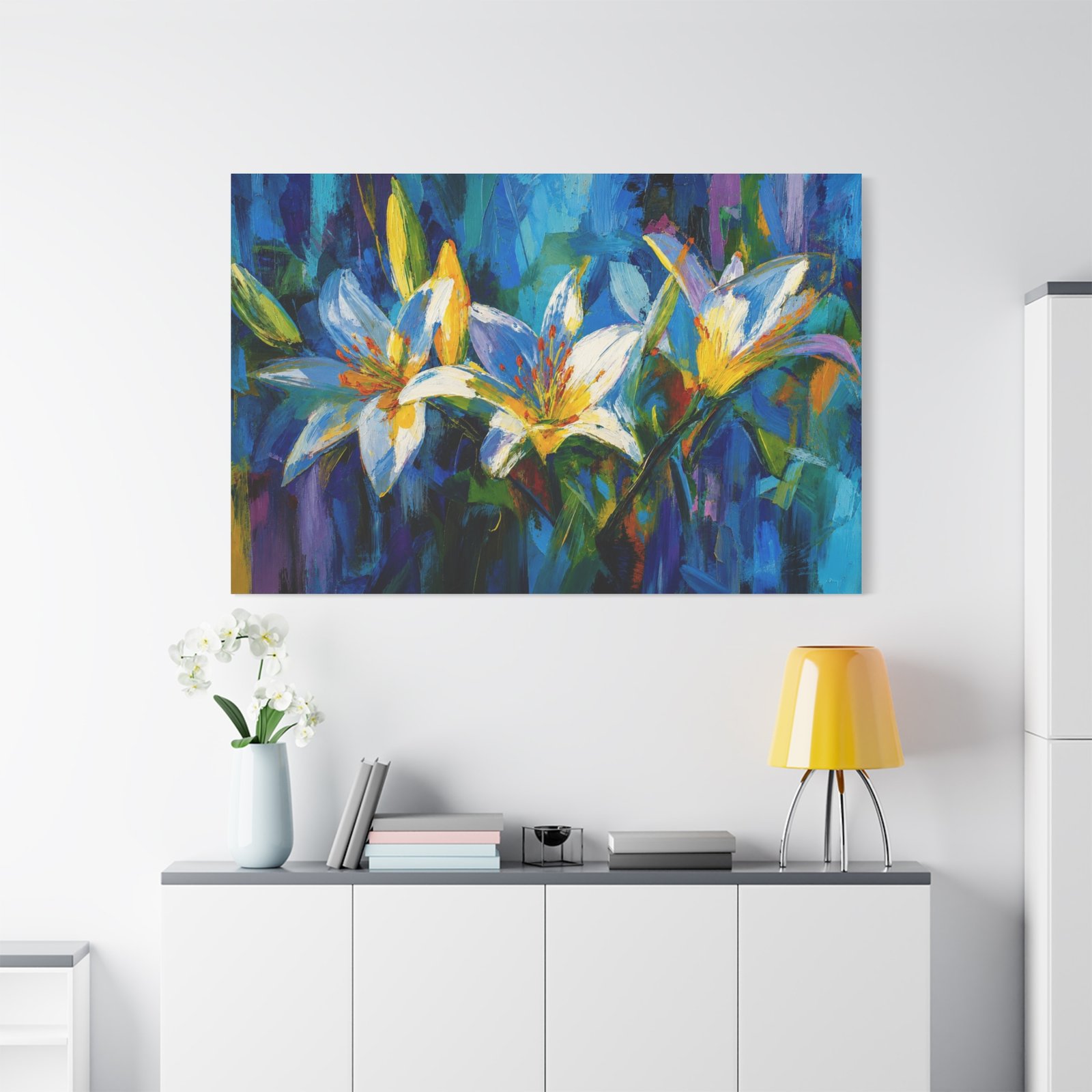 Blue & Gold Lily Abstract Wall Art Printable | Matte Stretched Wall Art - Image 1
