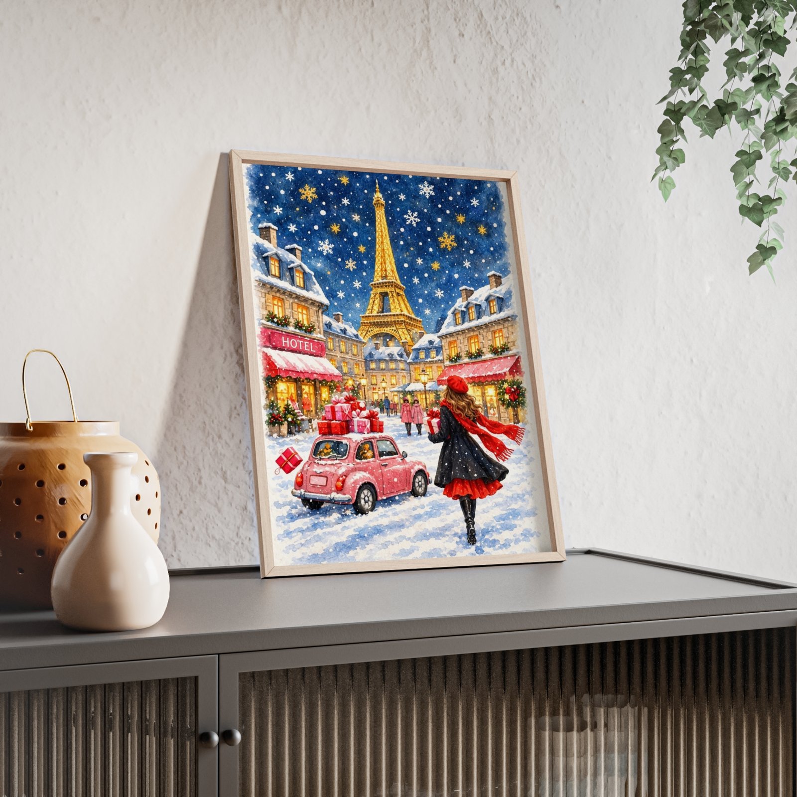 Paris Winter Holiday Poster with Wooden Frame — Eiffel Tower Christmas Street Scene - Image 15