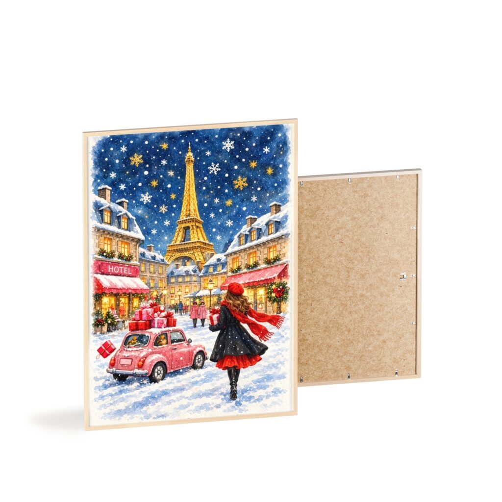 Paris Winter Holiday Poster with Wooden Frame — Eiffel Tower Christmas Street Scene