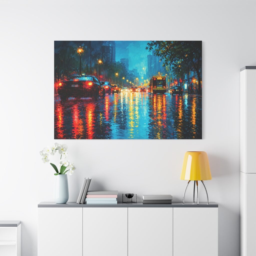 City Rainscape Matte Canvas Print — Urban Night Street Reflections