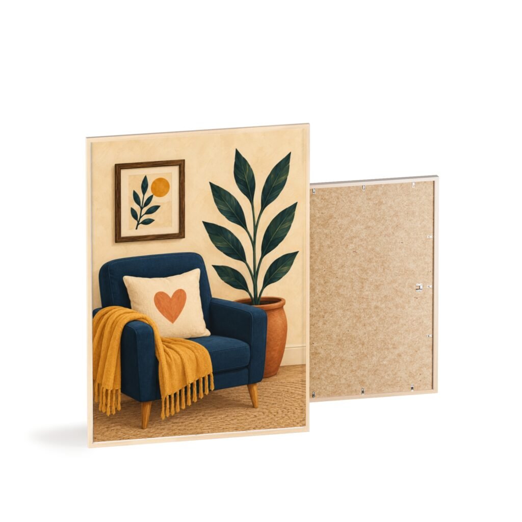 Cozy Living Room Botanical Poster with Wooden Frame — Heart Pillow Art Print