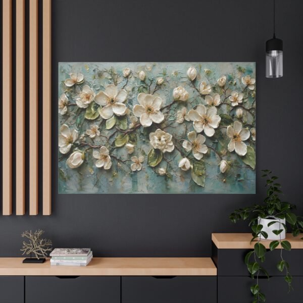 Floral Relief Canvas Wall Art — Cream Blossoms on Teal Matte Stretched Canvas - Image 4