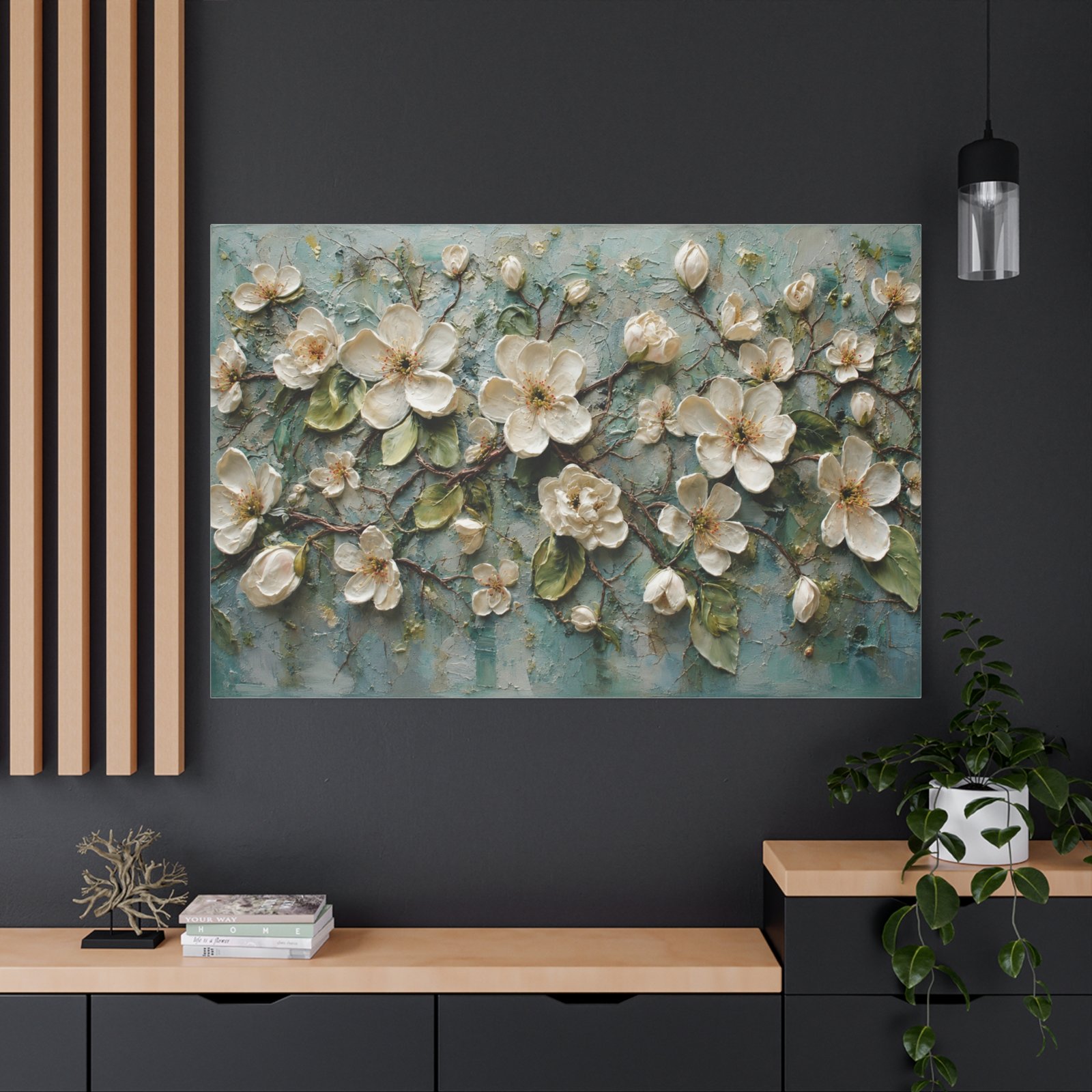 Floral Relief Canvas Wall Art — Cream Blossoms on Teal Matte Stretched Canvas - Image 4