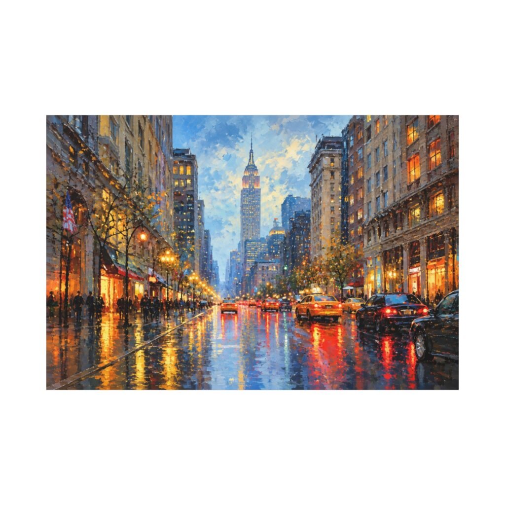 City Rainscape Canvas Print — NYC Evening Street Scene Matte Stretched Wall Art
