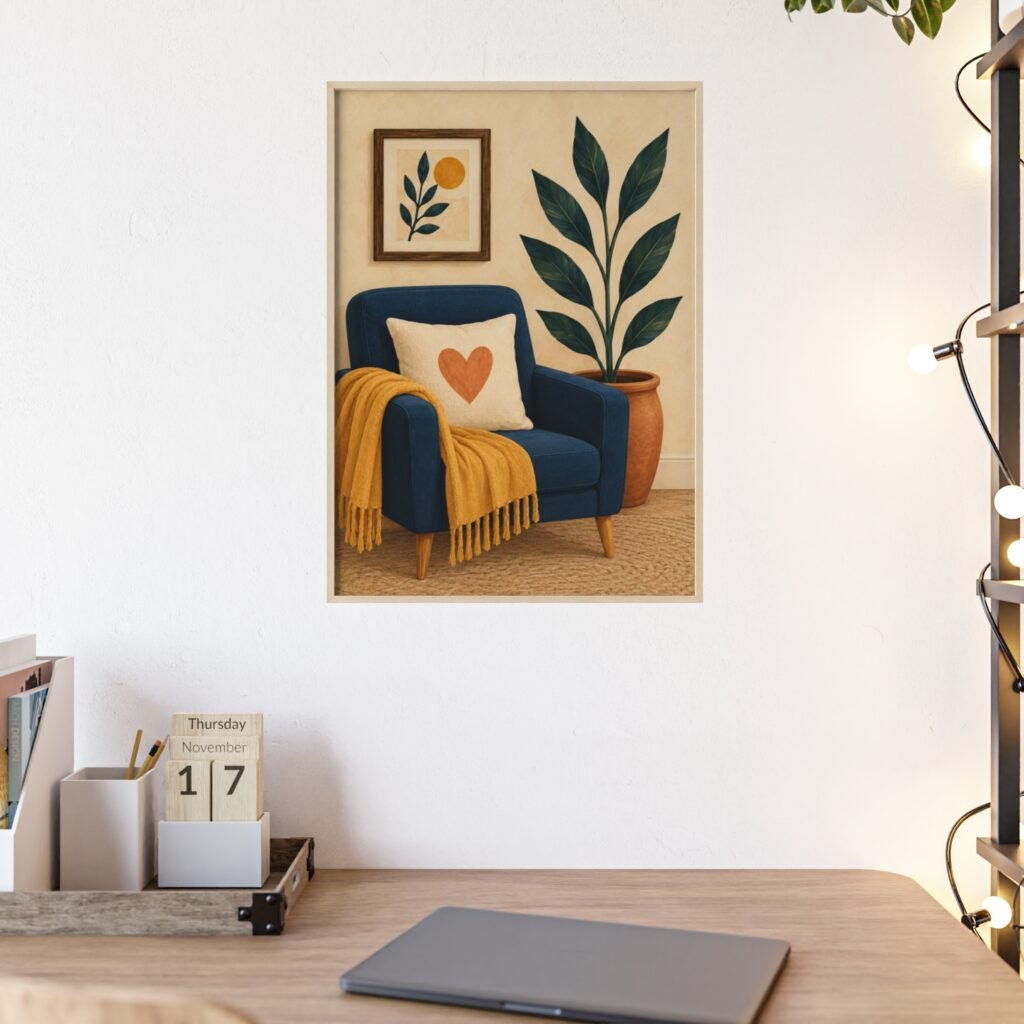 Cozy Living Room Botanical Poster with Wooden Frame — Heart Pillow Art Print