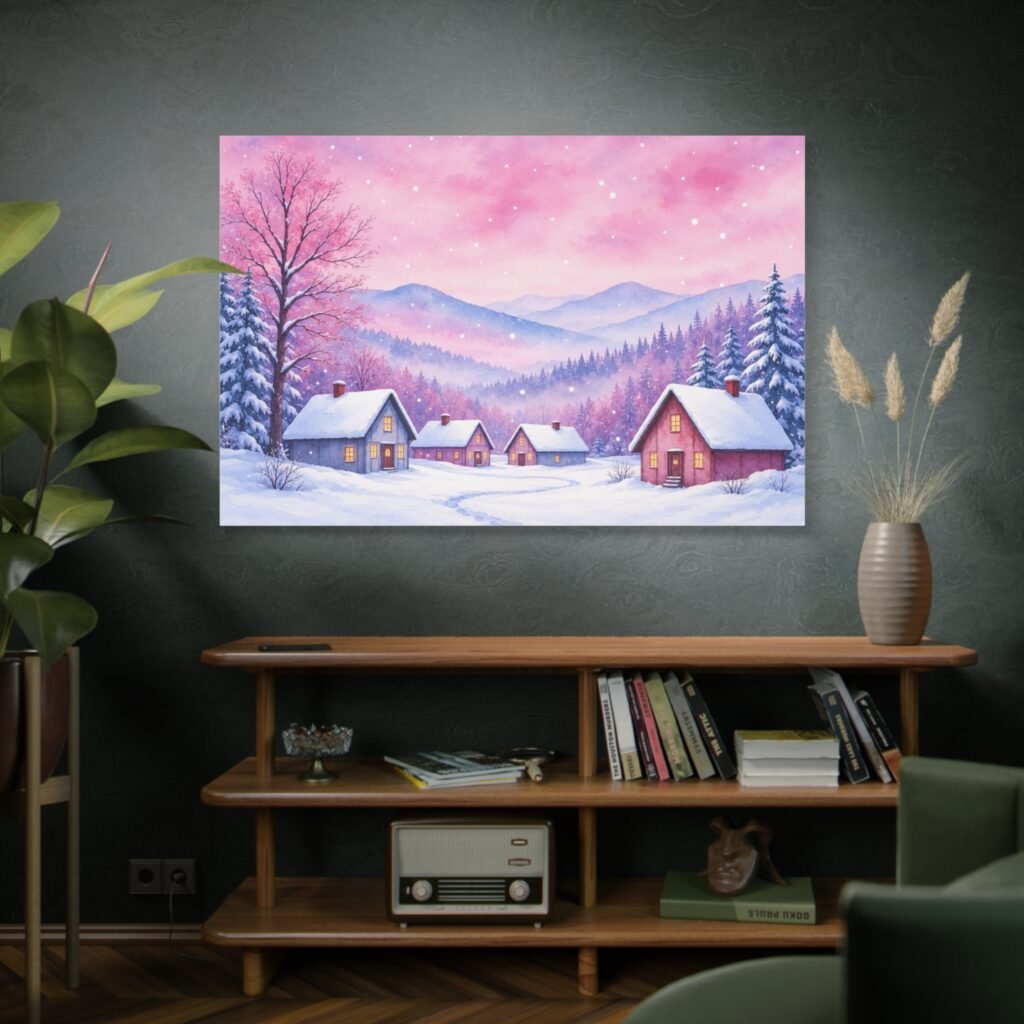 Winter Village Canvas Print – Pink Snowy Landscape Matte Stretched Wall Art