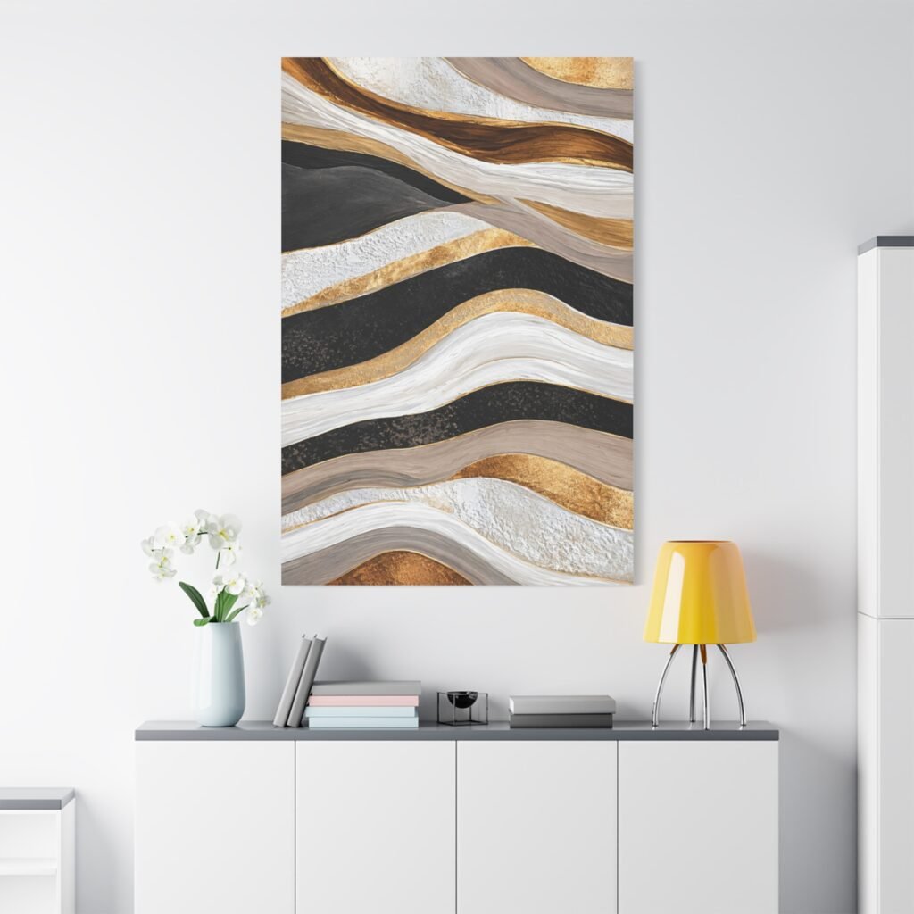 Abstract Gold & Black Wave Matte Canvas Art – Stretched 1.25"