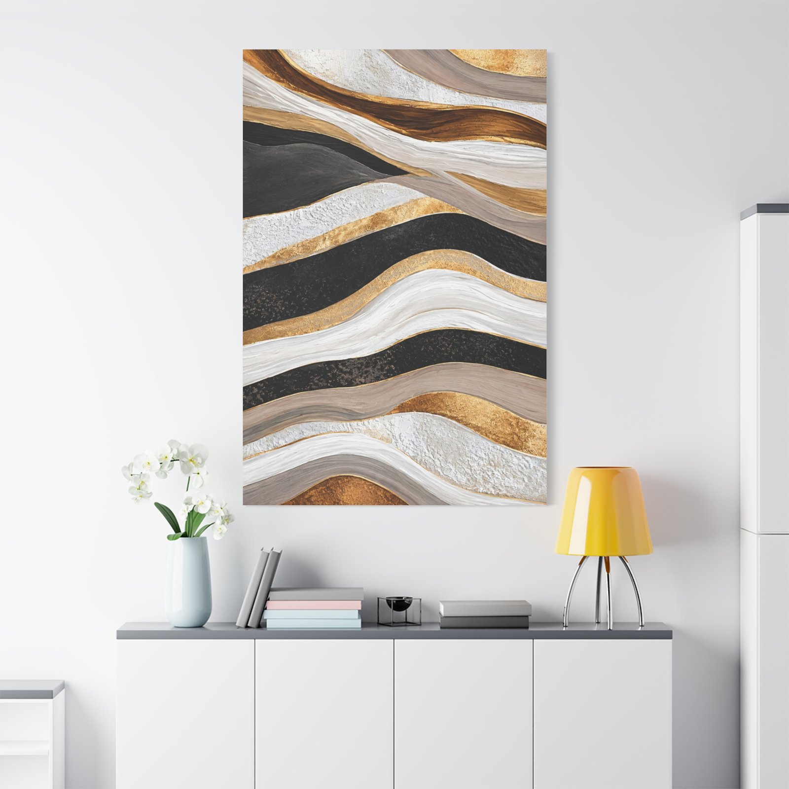 Abstract Gold & Black Wave Matte Canvas Art – Stretched 1.25" - Image 1