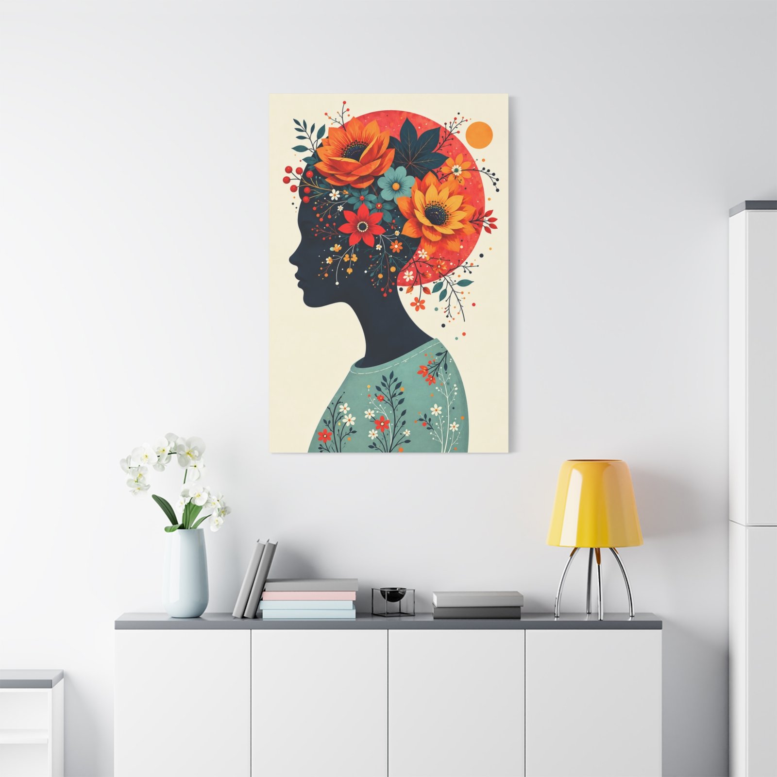 Floral Silhouette Canvas Wall Art — Woman Profile with Sunflower Crown - Image 1