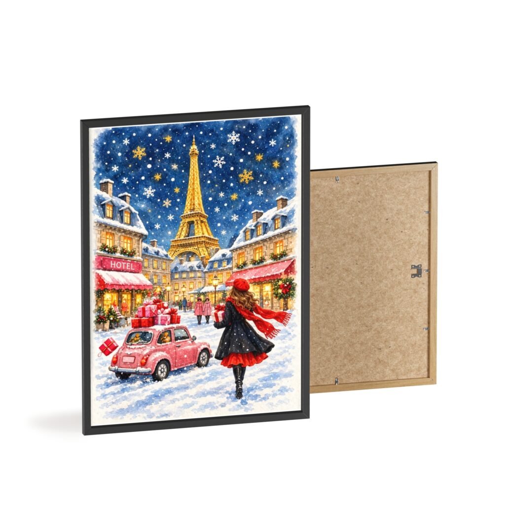 Paris Winter Holiday Poster with Wooden Frame — Eiffel Tower Christmas Street Scene