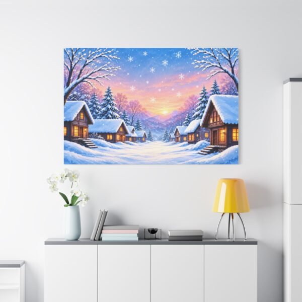 Winter Cabin Canvas Print — Snowy Village Sunset Matte Stretched Wall Art - Image 3