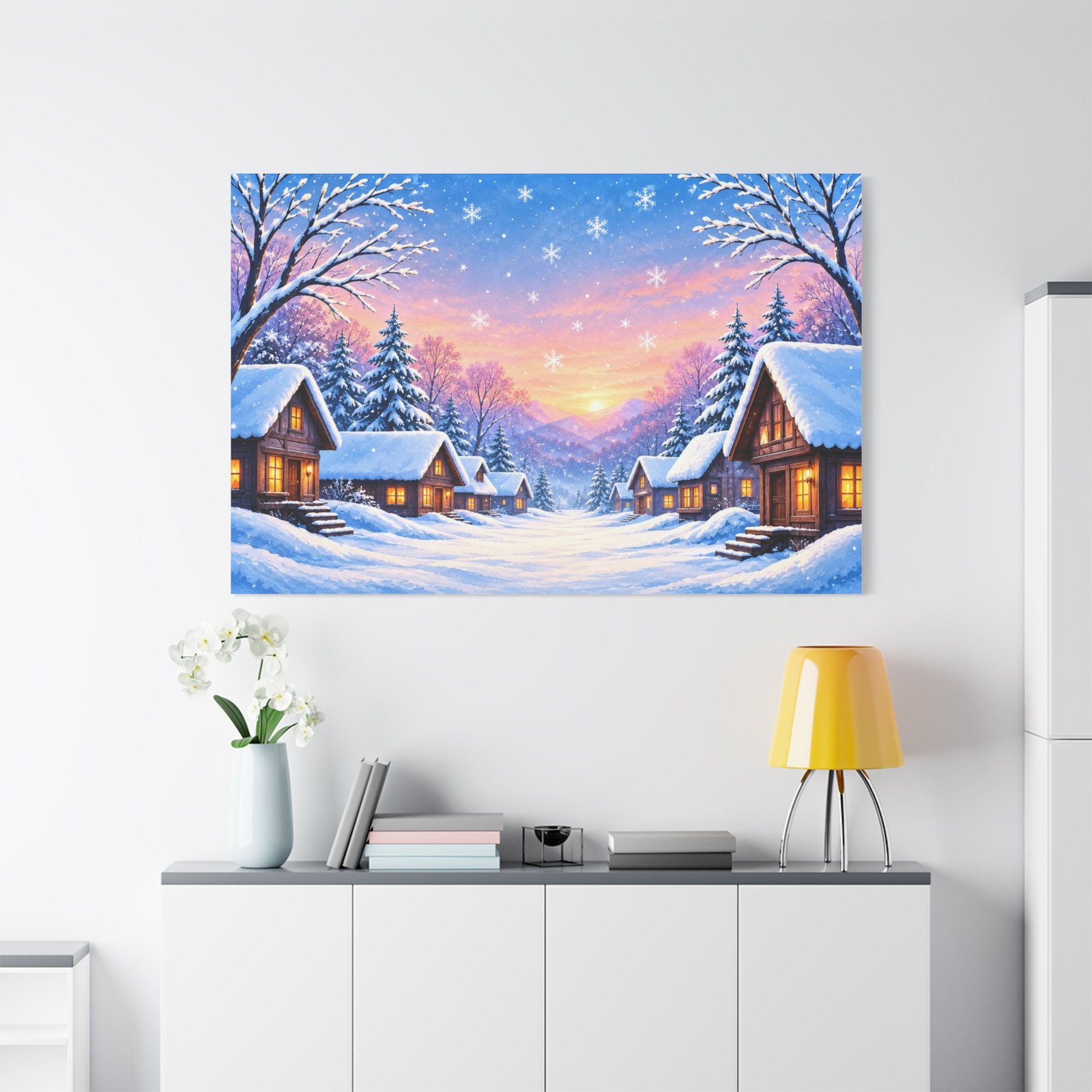 Winter Cabin Canvas Print — Snowy Village Sunset Matte Stretched Wall Art - Image 3
