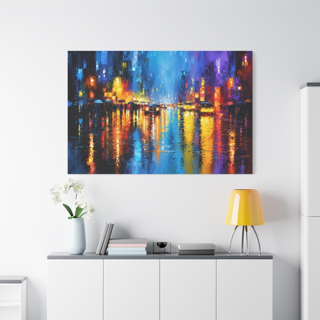 City Lights Rainy Night Matte Canvas Wall Art — Vibrant Urban Landscape Painting