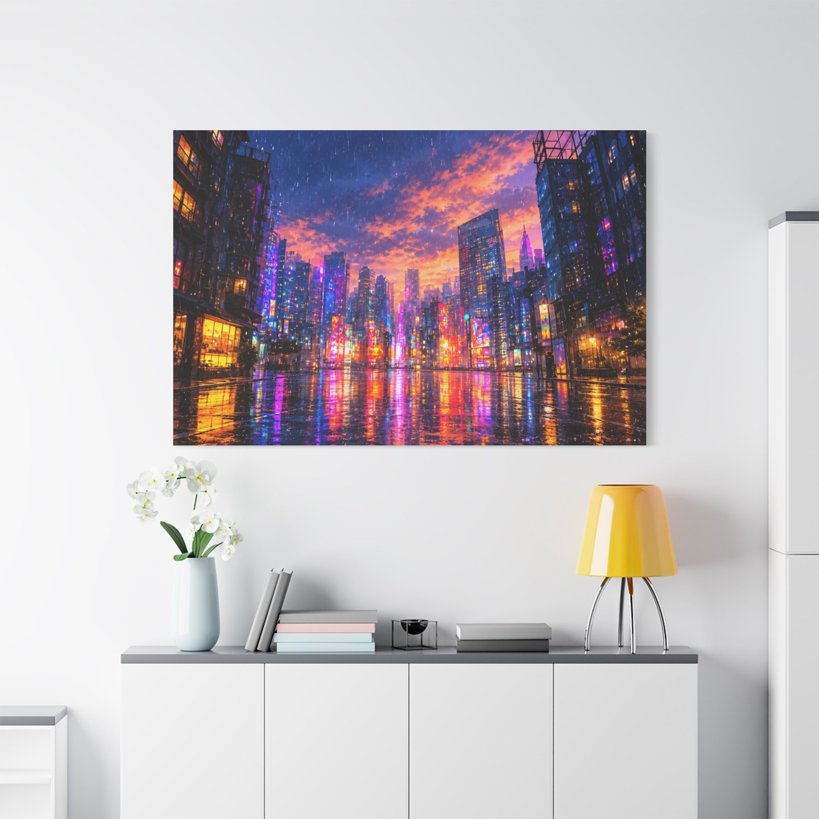 City Lights Rainy Night Matte Canvas Print — Vibrant Neon Urban Skyline Wall Art - Image 3