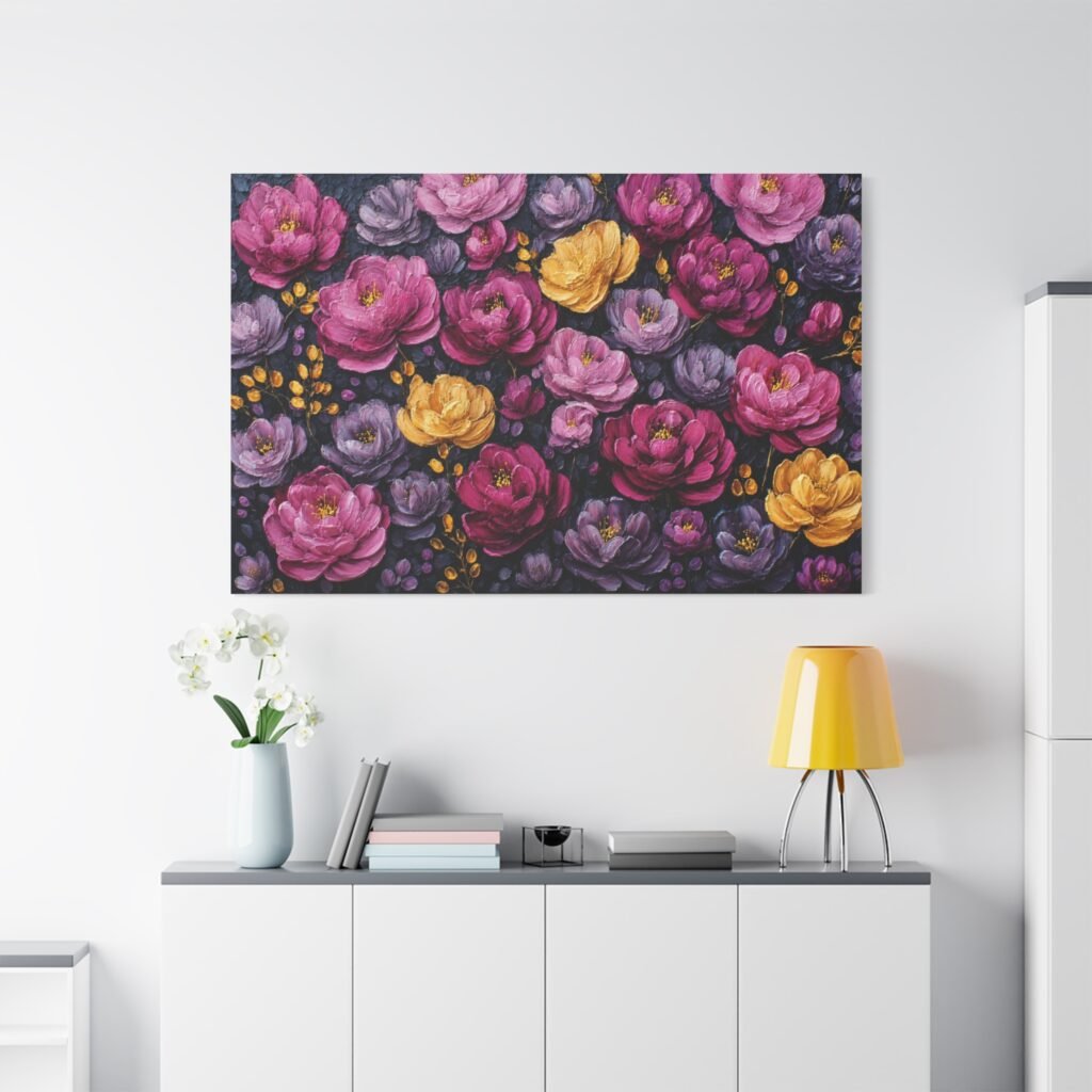Floral Canvas Wall Art – Pink, Purple & Gold Peony Pattern, Stretched Matte Canvas