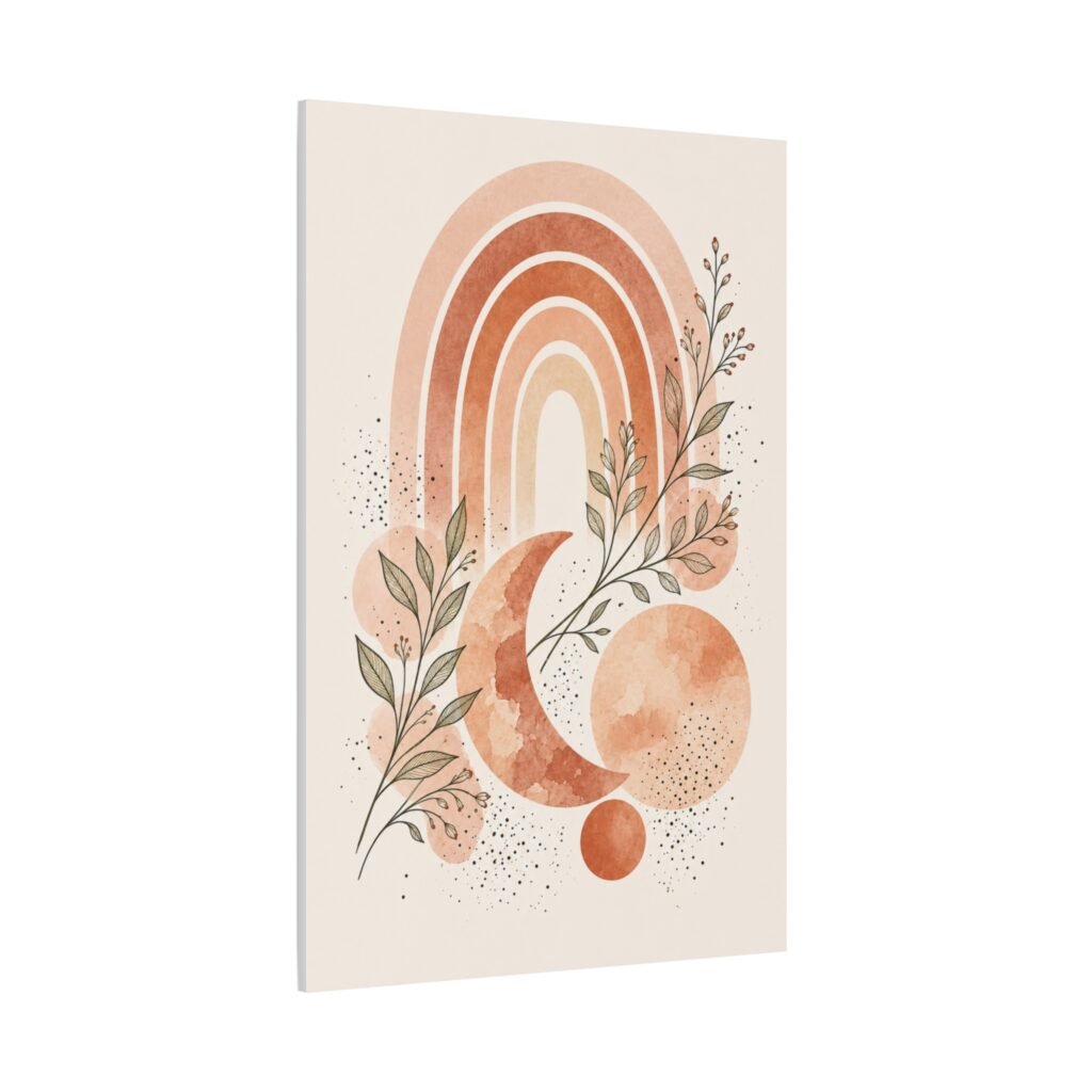Boho Moon & Rainbow Canvas Wall Art — Earthy Botanical Nursery Decor