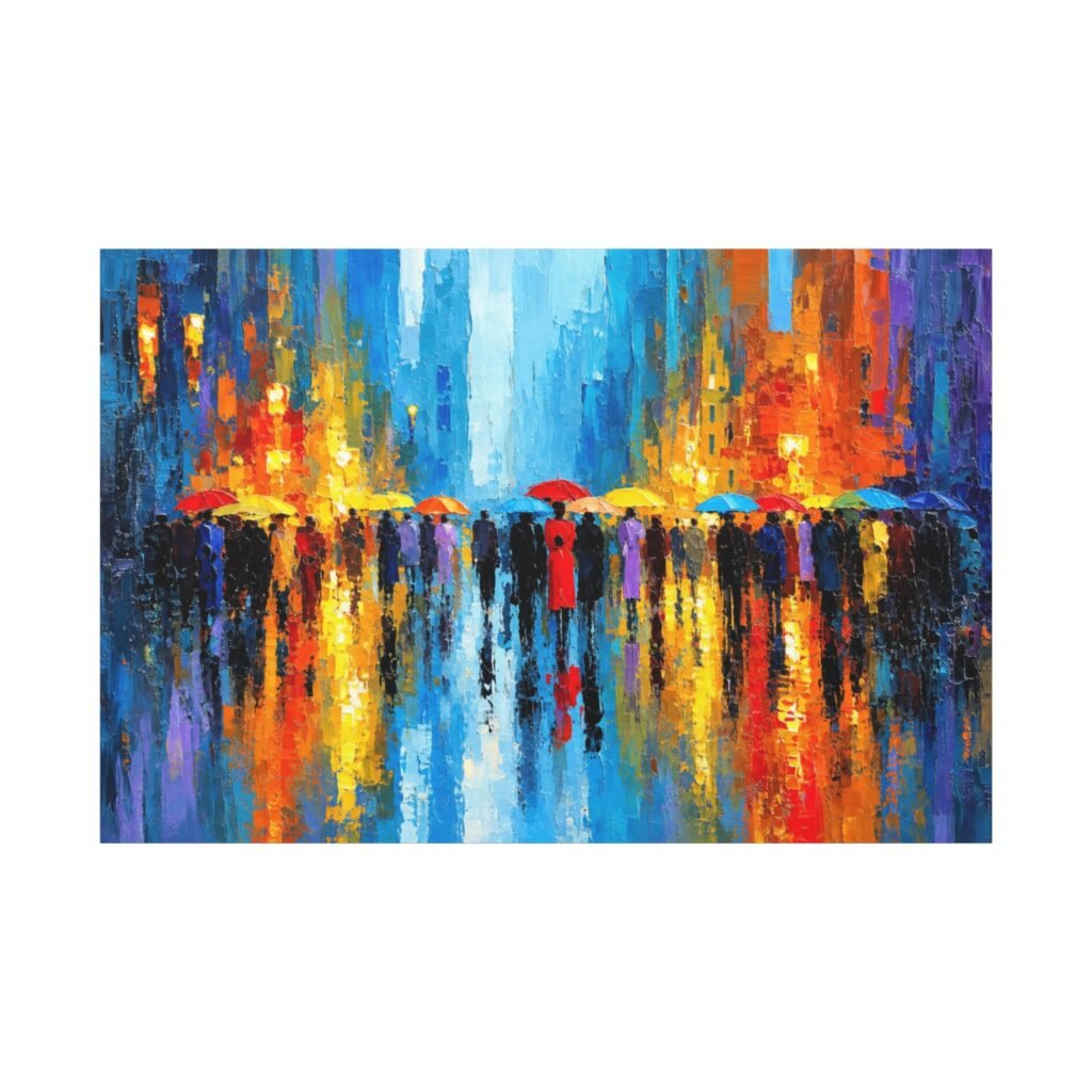 Colorful City Rainscape Matte Canvas Print — Abstract Umbrella Reflection Wall Art