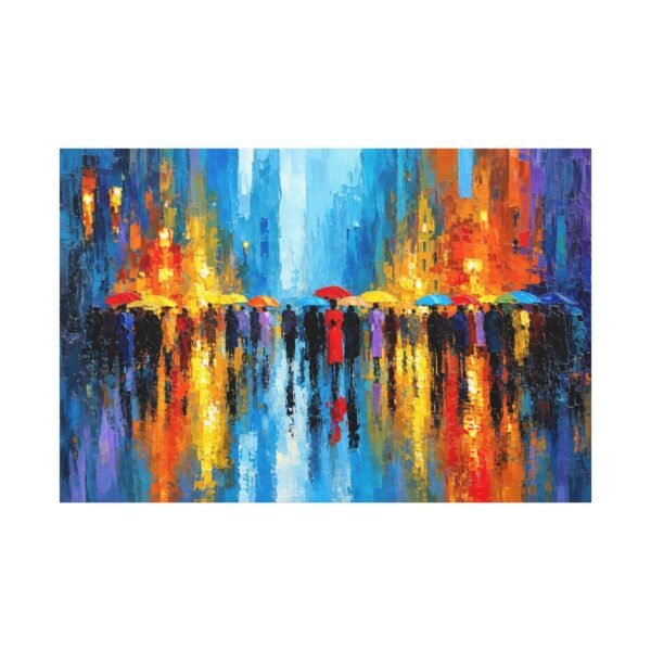 Colorful City Rainscape Matte Canvas Print — Abstract Umbrella Reflection Wall Art - Image 1