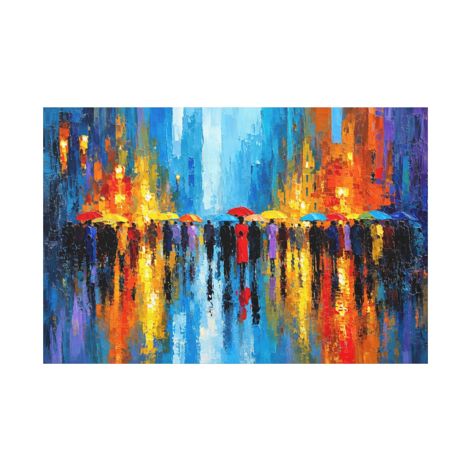 Colorful City Rainscape Matte Canvas Print — Abstract Umbrella Reflection Wall Art - Image 1