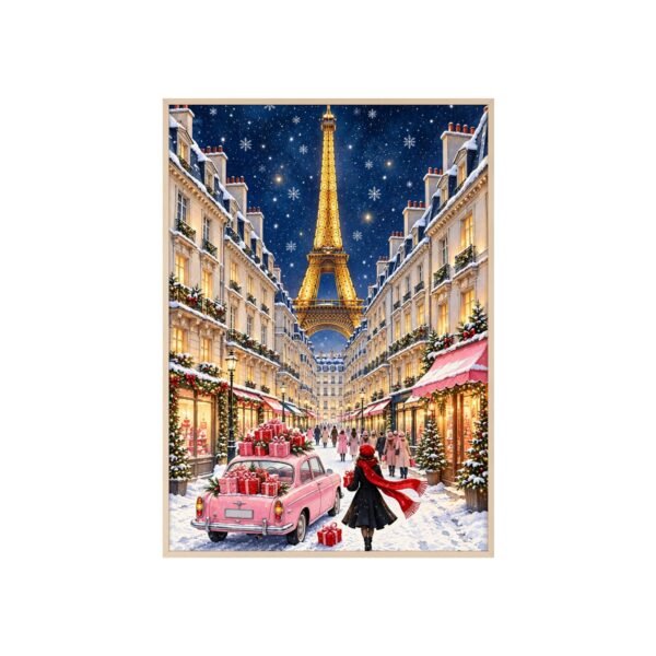 Paris Christmas Street Poster with Wooden Frame — Eiffel Tower Holiday Wall Art - Image 1