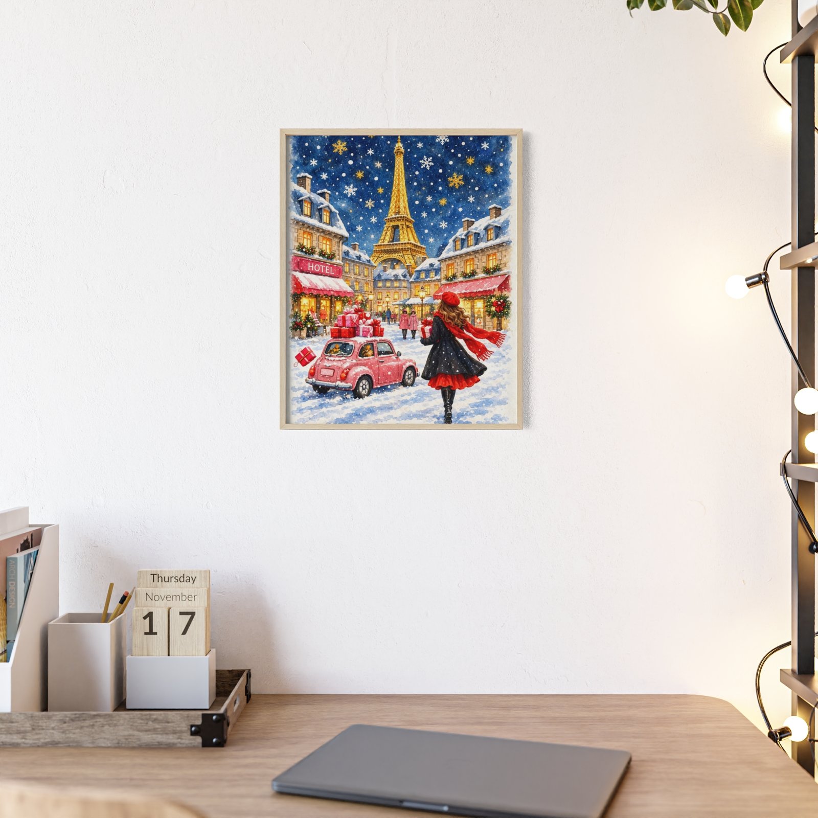 Paris Winter Holiday Poster with Wooden Frame — Eiffel Tower Christmas Street Scene - Image 40