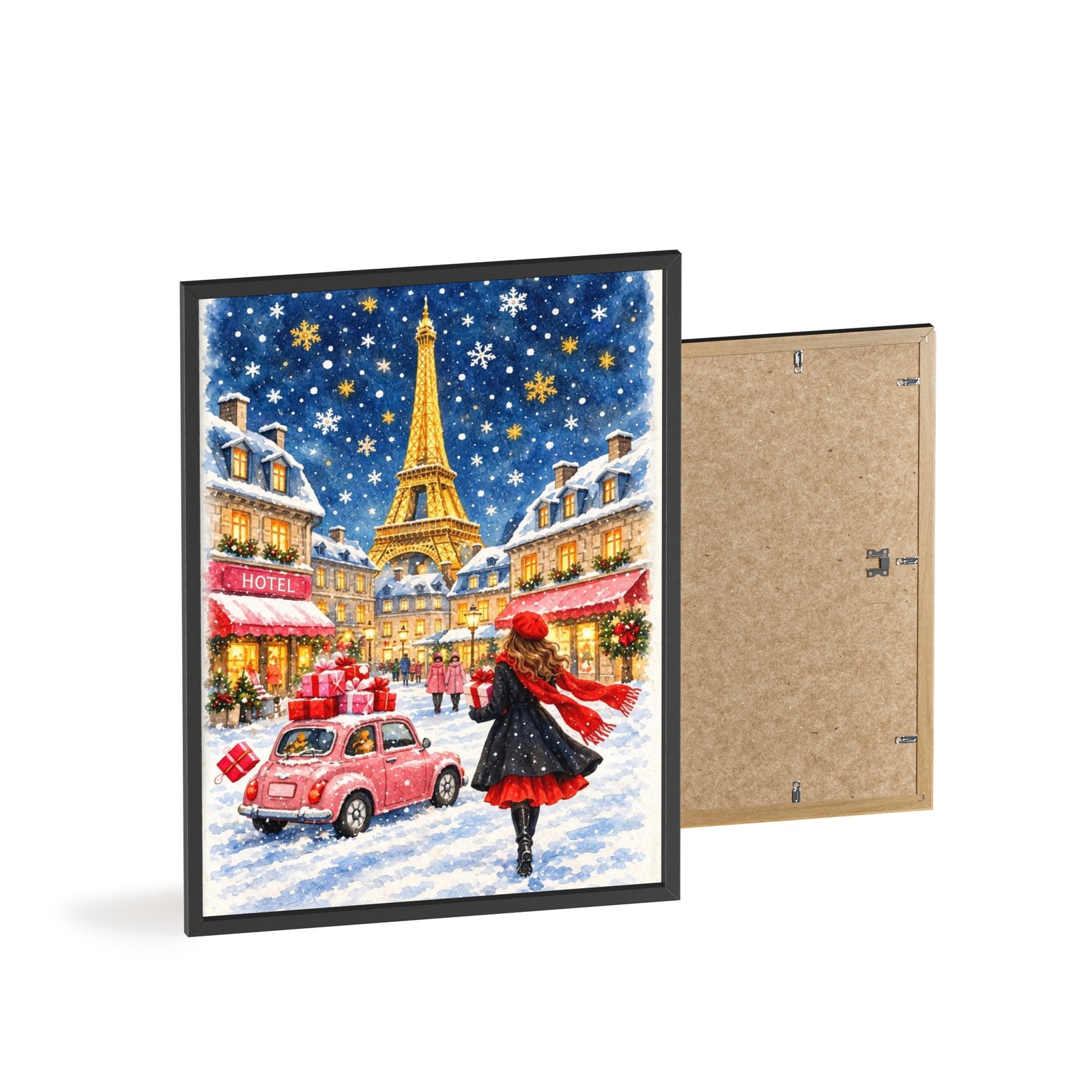 Paris Winter Holiday Poster with Wooden Frame — Eiffel Tower Christmas Street Scene - Image 2