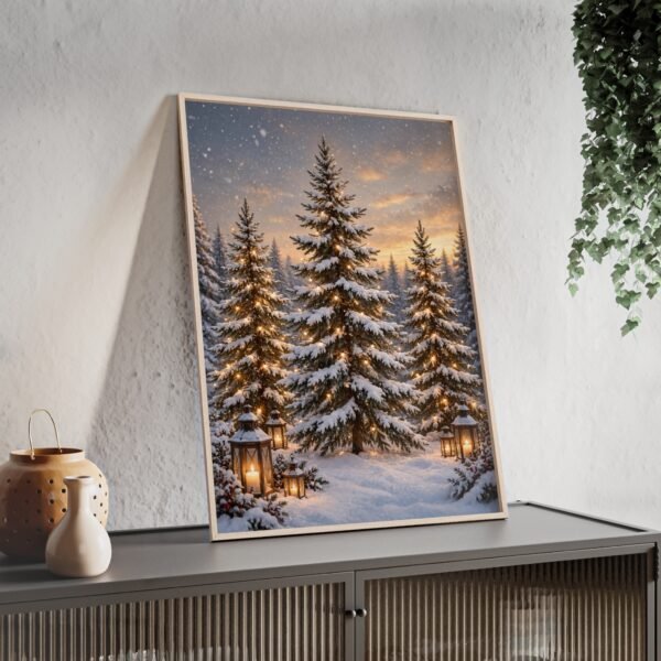 Winter Lantern Forest Poster with Wooden Frame — Snowy Pine Holiday Wall Art - Image 3
