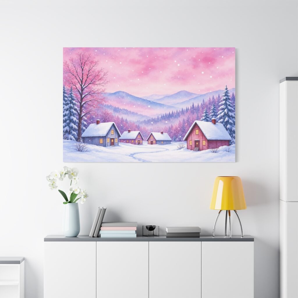 Winter Village Canvas Print – Pink Snowy Landscape Matte Stretched Wall Art