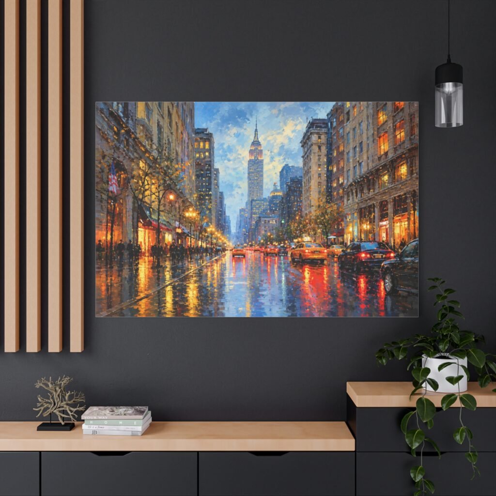 City Rainscape Canvas Print — NYC Evening Street Scene Matte Stretched Wall Art