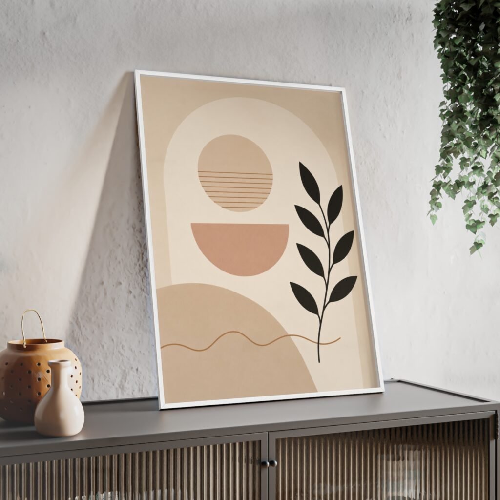 Abstract Boho Wall Art Poster with Wooden Frame — Minimalist Sun & Leaf Print