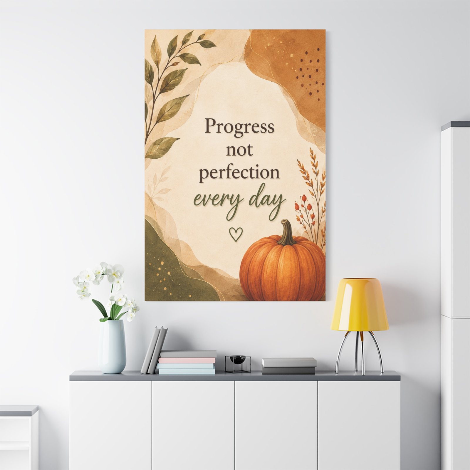 Progress Not Perfection Canvas Wall Art — Autumn Pumpkin Motivational Quote - Image 1