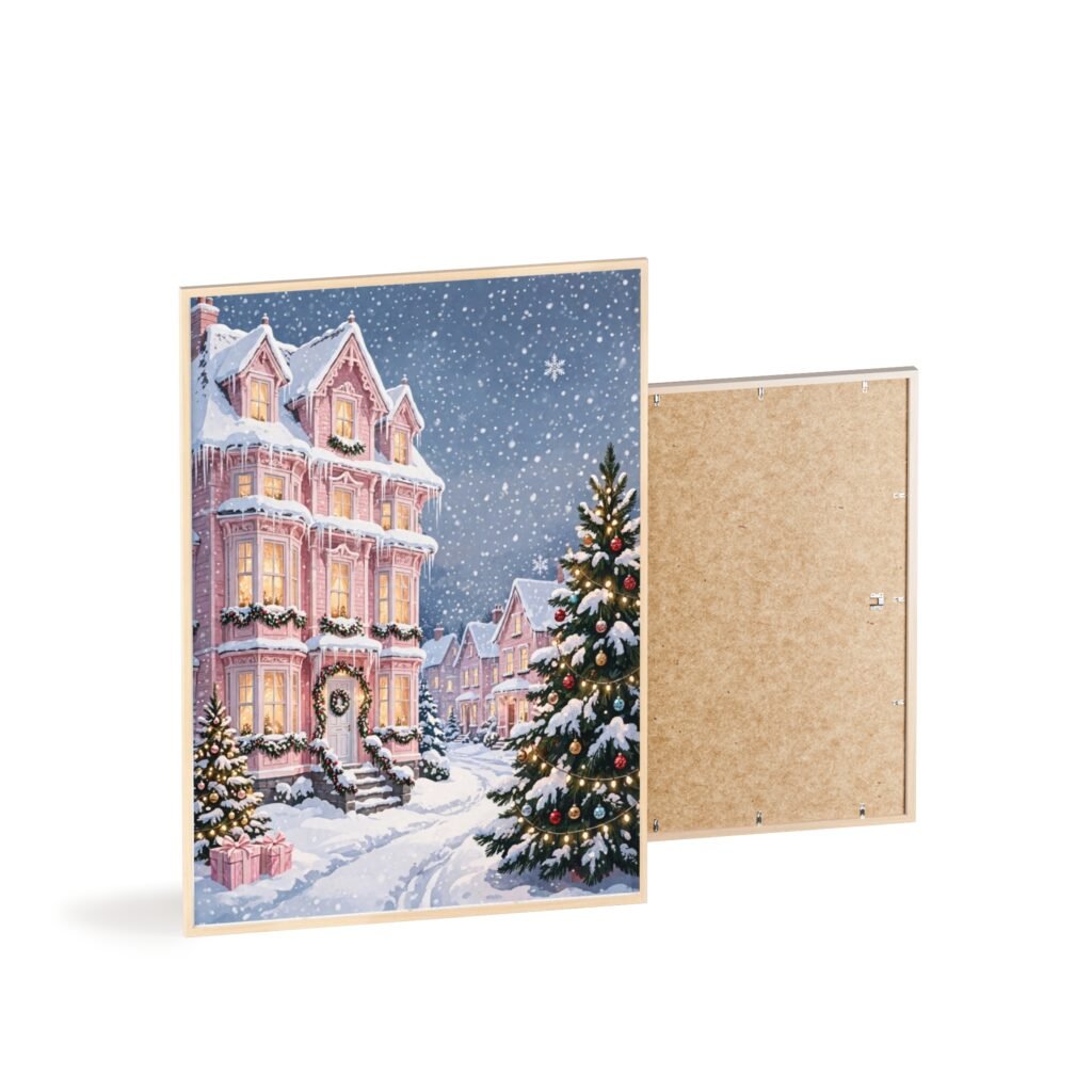 Christmas Snowy Victorian Street Poster with Wooden Frame