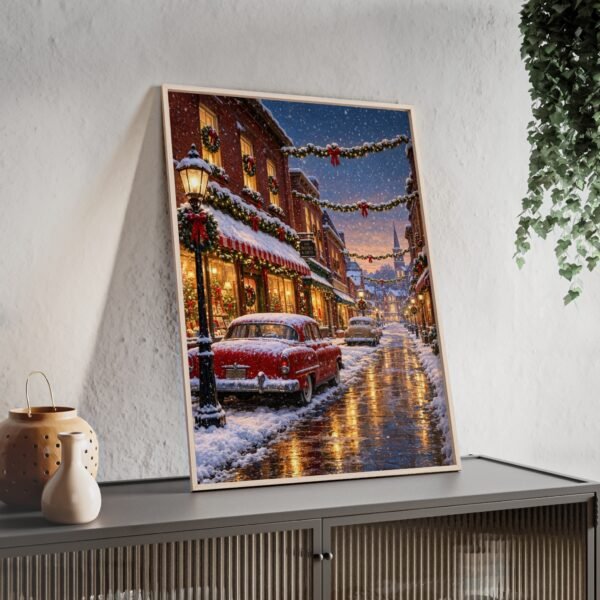 Christmas Snowy Street Poster with Wooden Frame – Vintage Holiday Wall Art - Image 3