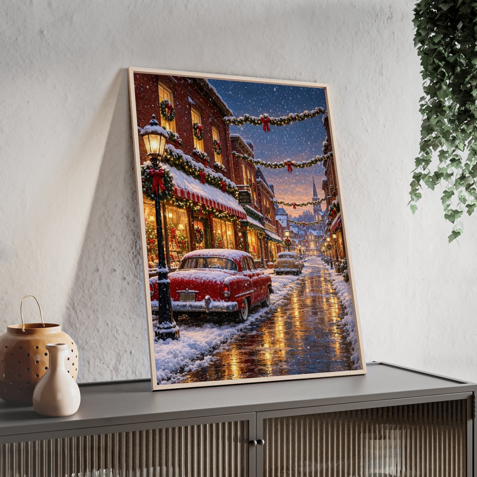 Christmas Snowy Street Poster with Wooden Frame – Vintage Holiday Wall Art - Image 3