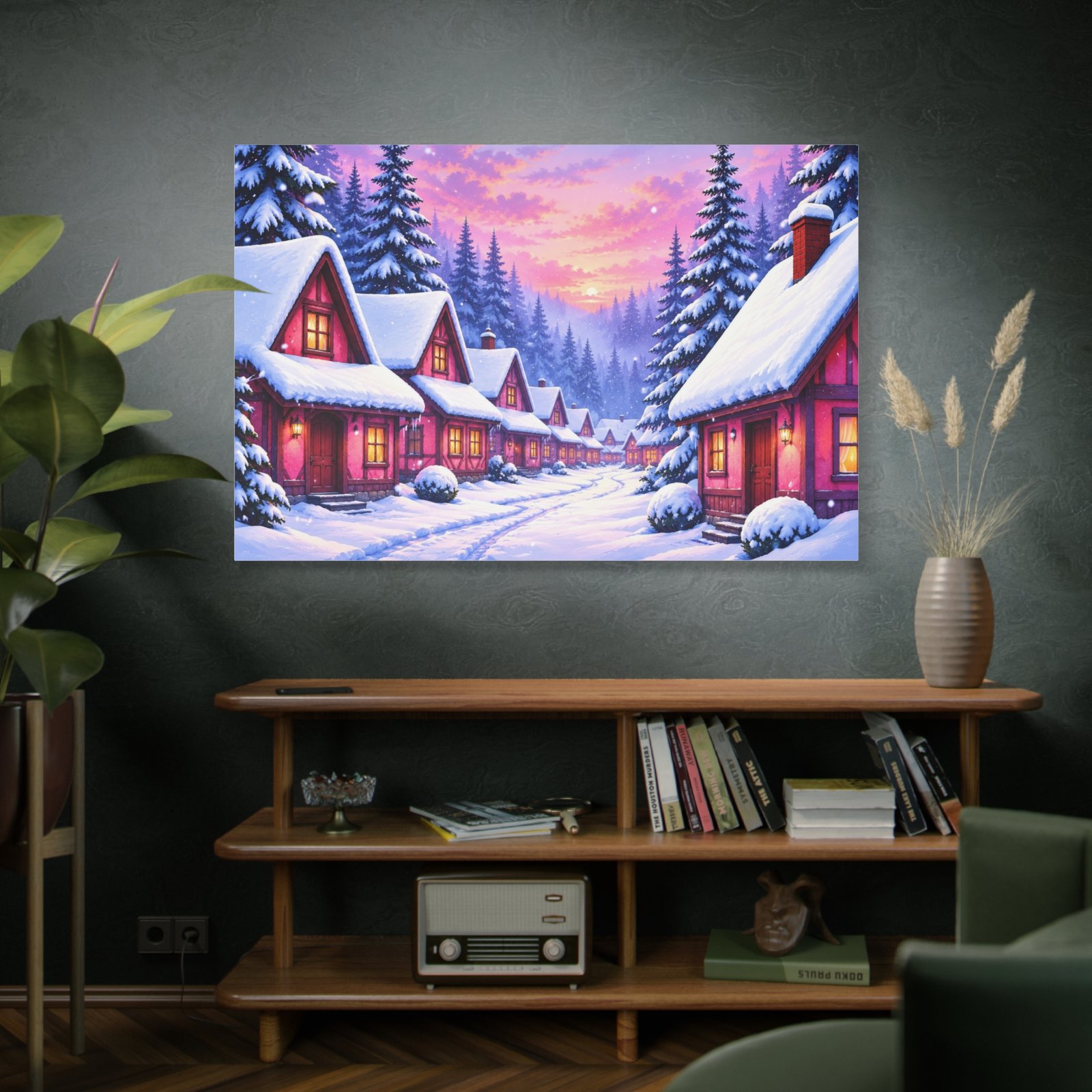 Winter Village Canvas Wall Art — Snowy Cottage Sunset Matte Stretched Print - Image 5